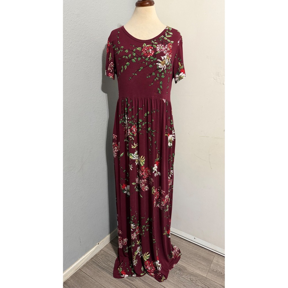 Cottagecore Maxi Dress XL Burgundy Floral Short Sleeve Empire Waist Pockets Boho